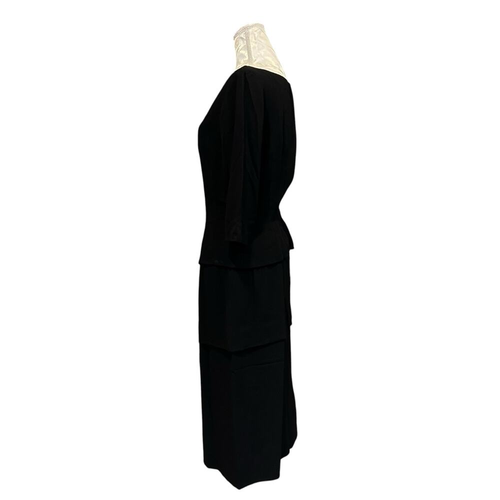 Vintage 60s Black Peplum Midi Dress Bateau Neck 3/4 Sleeve Size 8 - Picture 5 of 16